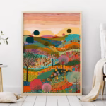 Patchwork Meadow Mountains Floral Botanical Art Print Daisy Wild Flower Rainbow Abstract Wall Art Colorful Wall Art Maximalist Art