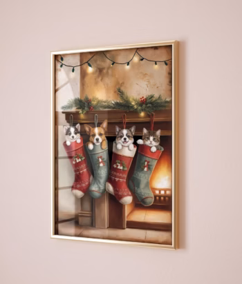 Vintage Christmas Stockings With Pets Cozy Christmas Wall Art Dogs And Cats In Holiday Stockings Rustic Festive Decor